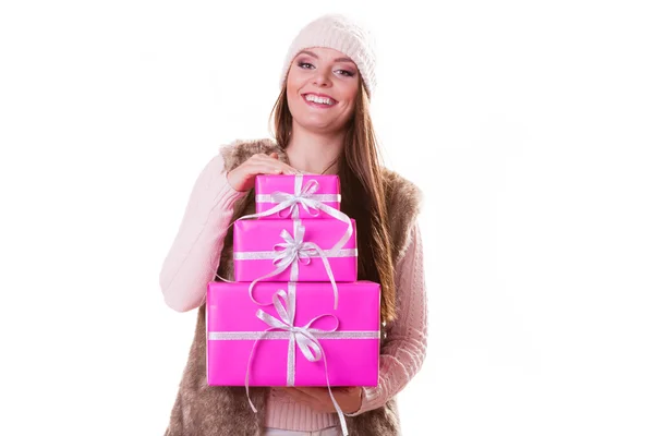Pretty fashion woman with boxes gifts. Christmas. — Stock Photo, Image