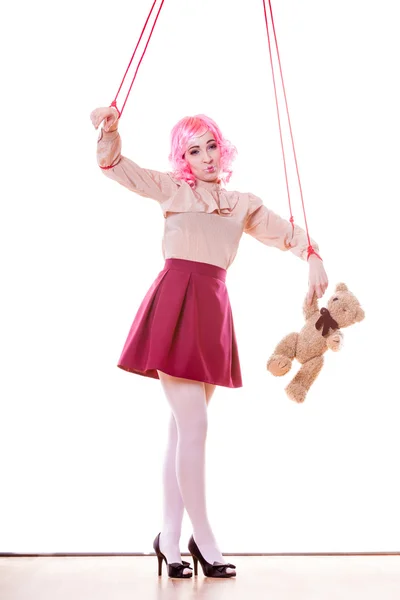 Woman girl stylized like marionette puppet on string — Stock Photo, Image