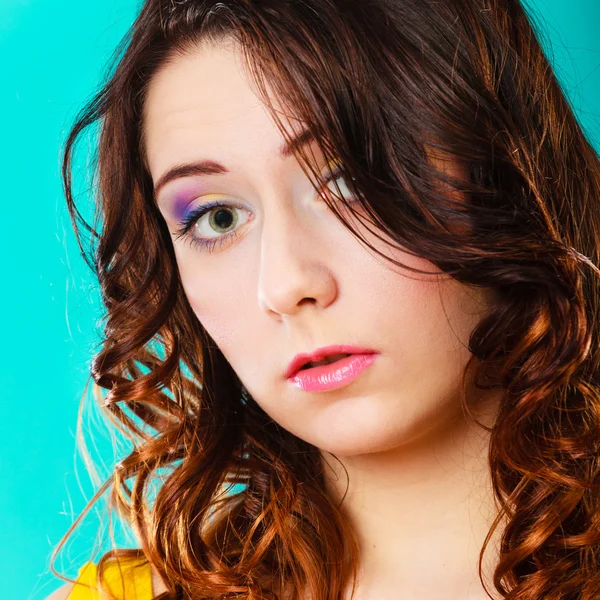 Closeup woman face long curly hair portrait — Stock Photo, Image