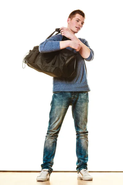 Young man casual style with bag isolated — Stock Photo, Image