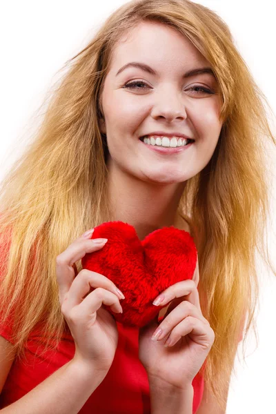 Woman blonde girl holding red heart love symbol — Stock Photo, Image