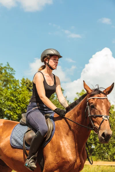 Nő jockey képzés lovaglás ló. Sport tevékenység — Stock Fotó