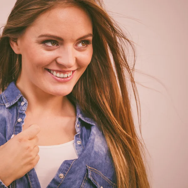 Joyful fashionable woman in denim shirt — Stock Photo, Image