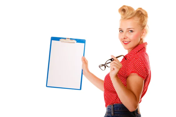 Woman holding glasses and clipboard isolated — Stock Photo, Image