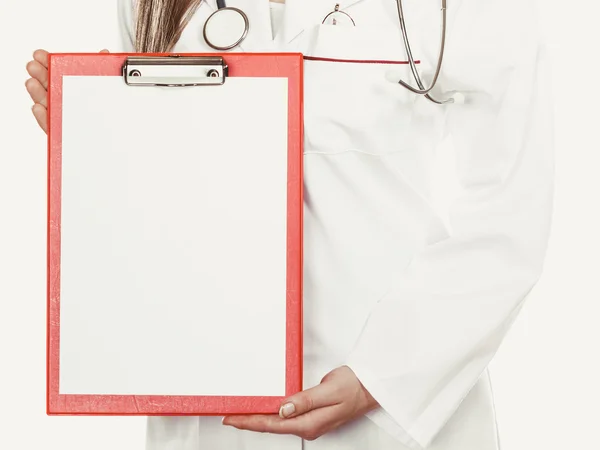 Doctor with stethoscope, clipboard. Copy space. — Stock fotografie