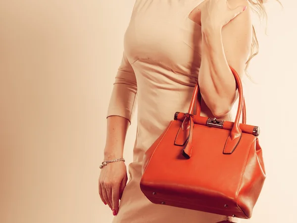 Elegant woman holds brown handbag — Stock Photo, Image