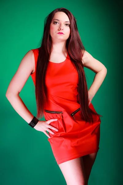 Long hair woman in red dress. — Stock Photo, Image