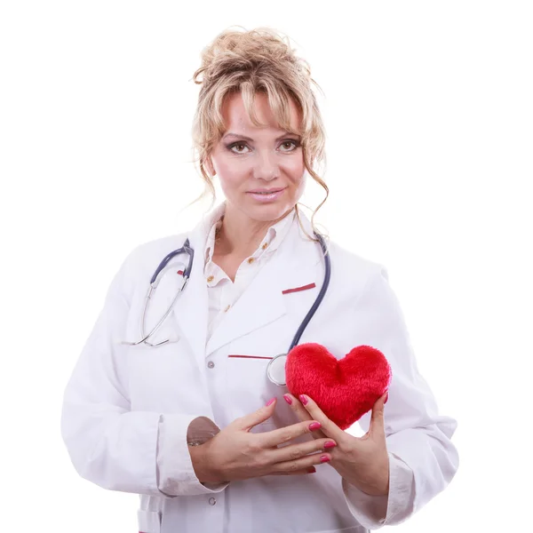 Female cardiologist with red heart. — Stock Photo, Image