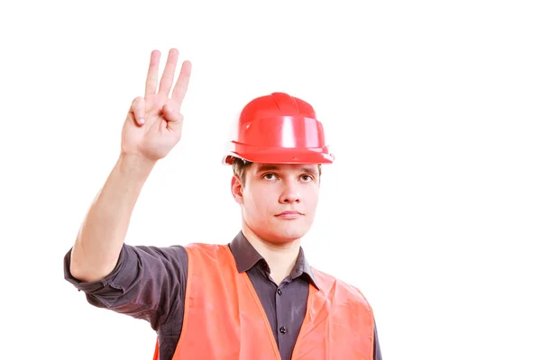 Hombre trabajador mostrando tres dedos . — Foto de Stock