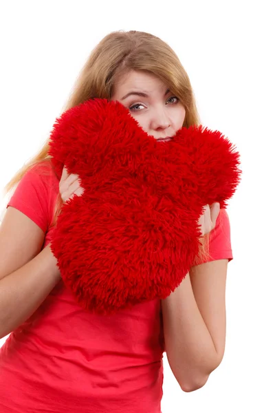 Woman sad girl hugging red heart love symbol — Stock Photo, Image
