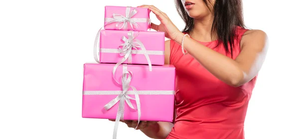 Close up of human with boxes gifts. Christmas — Stockfoto