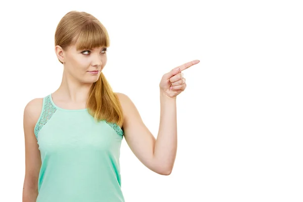 Woman pointing or touching with index finger — Stock Photo, Image