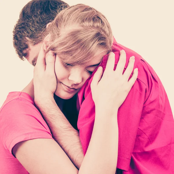 Couple. Woman is sad and being consoled by his partner — Stock Photo, Image