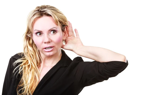 Blonde woman making listening gesture — Stock Photo, Image