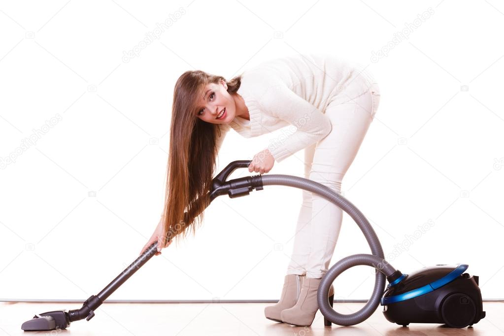 掃除機付きの面白い女の子 家事 ストック写真 C Voyagerix