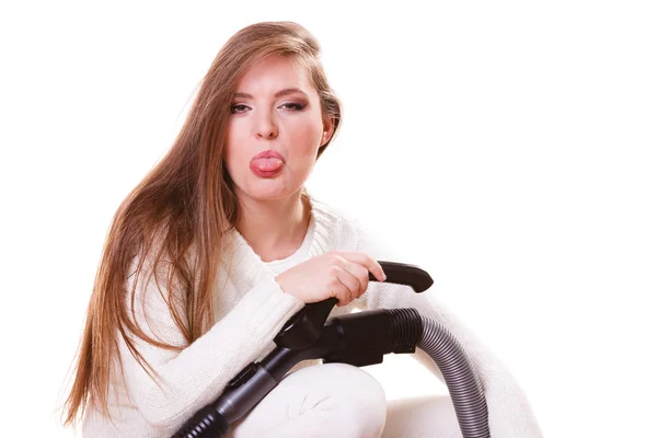 Funny girl with vacuum cleaner. Housework — Stock Photo, Image