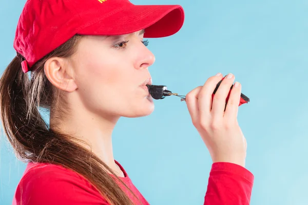 Lifeguard woman blowing whistle. — Stock Photo, Image