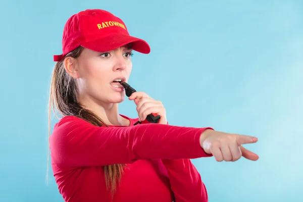 Lifeguard woman blowing whistle. — Stock Photo, Image