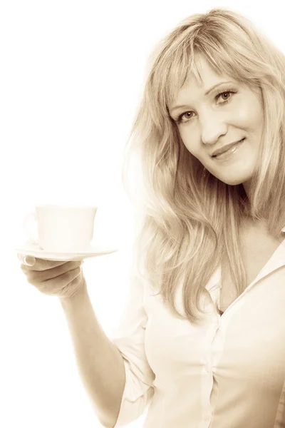 Mature woman drinking tea or coffee.. — Stock Photo, Image