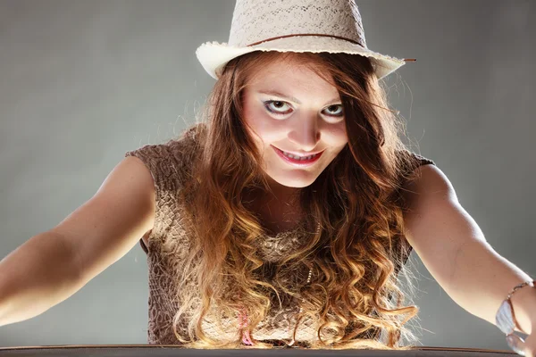 Mysterious enigmatic intriguing woman girl in hat. — Stock Photo, Image