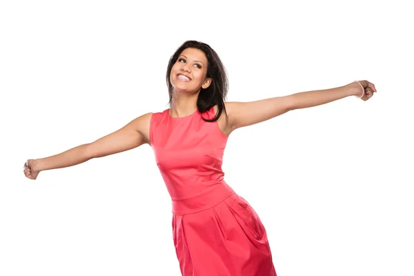Feliz mujer de raza mixta levantando brazos. Joy. . —  Fotos de Stock
