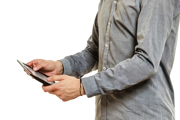 Closeup of human using pc tablet browsing internet — Stockfoto