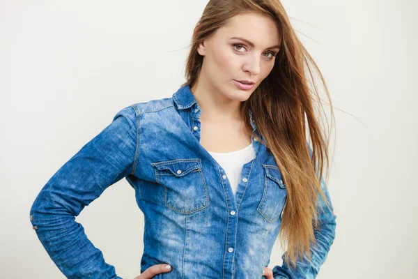 Woman wearing denim jeans shirt — Stock Photo, Image