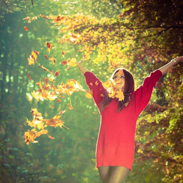 Girl tossing up leaves. — Stock Photo, Image