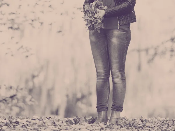 Señora con hojas en el parque . — Foto de Stock