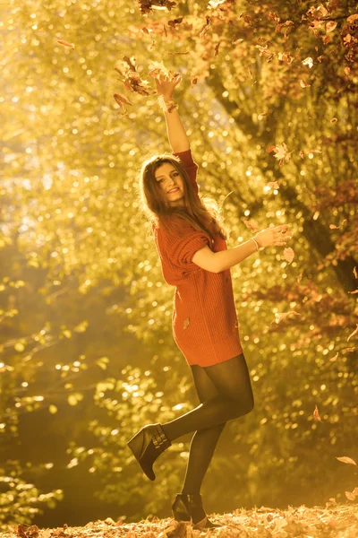 Cheering girl with leaves. — Stock Photo, Image