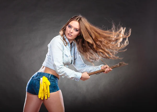 Sexy strong woman feminist with axe working. — Stock Photo, Image