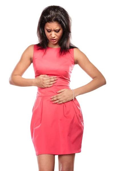 Woman suffering from stomach ache abdominal pain. — Stock Photo, Image