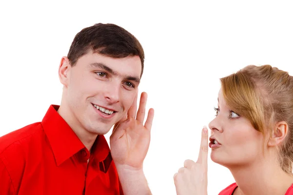 Woman telling man some secrets, couple talking — Stock Photo, Image