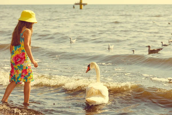 Dívka si hraje s dospělých labuť. — Stock fotografie