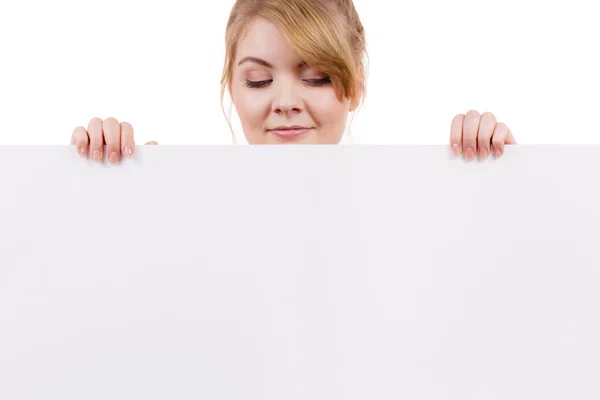 Woman with blank presentation board banner sign — Stock Photo, Image