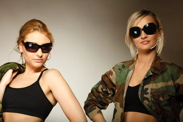 Two women in military clothes army girls — Stock Photo, Image