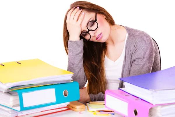 Woman tired with stack of folders documents — Stock Photo, Image