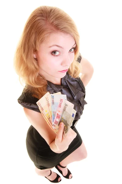 Economy finance. Woman holds euro currency money. — Stock Photo, Image