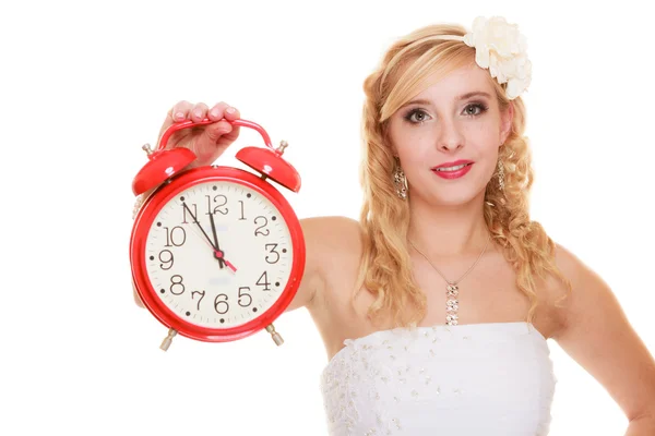 Wedding. Time to get married. Bride with alarm clock. — Stock Photo, Image
