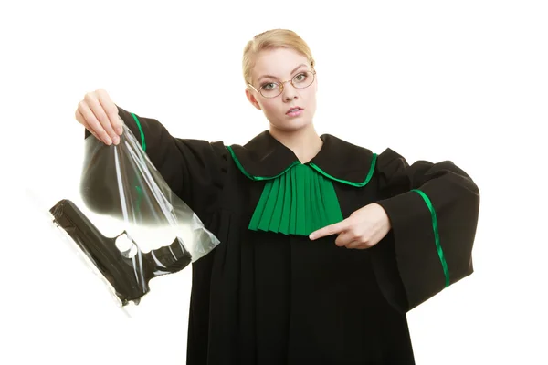 Woman lawyer with gun bag marked evidence for crime. — Stock Photo, Image