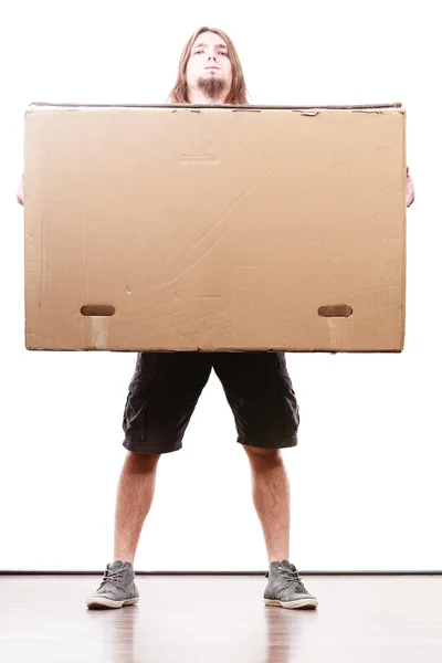 Dostawy mężczyzna trzymając papier pudełko. — Zdjęcie stockowe