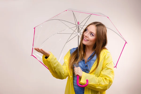 Femme en manteau imperméable avec parapluie. Prévisions — Photo