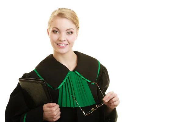 Woman lawyer attorney wearing black green gown — Stock Photo, Image