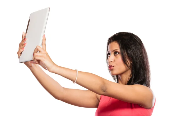 Mixed race african woman taking selfie self photo. — Stock Photo, Image