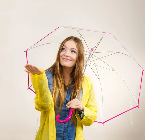 Frau im regendichten Mantel mit Regenschirm. Prognose — Stockfoto