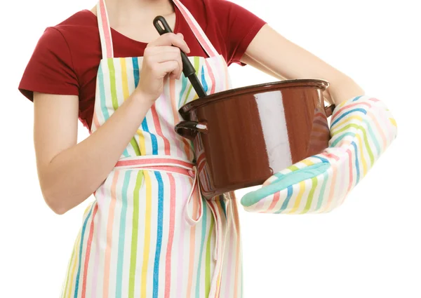 Dona de casa ou chef avental de cozinha com panela de sopa e concha — Fotografia de Stock