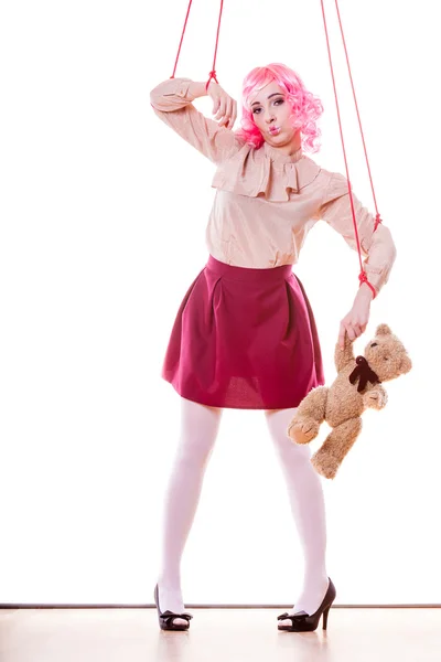 Woman girl stylized like marionette puppet on string — Stock Photo, Image