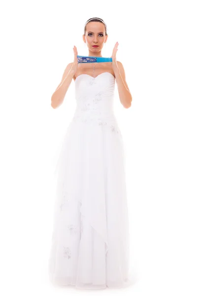 Full length bride in wedding gown holds fan isolated — Stock Photo, Image