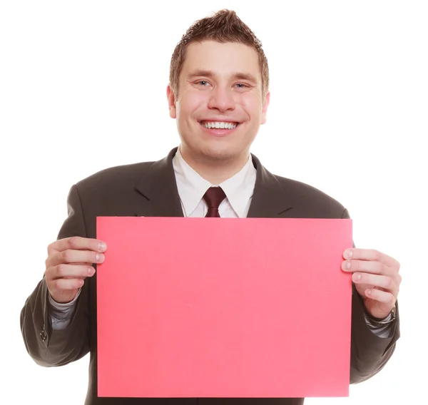 Hombre de negocios sosteniendo signo rojo en blanco —  Fotos de Stock