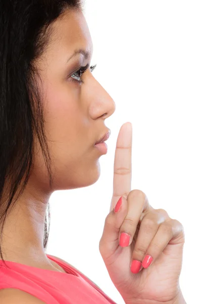 Una mujer secreta. Muchacha mostrando la mano silencio signo — Foto de Stock